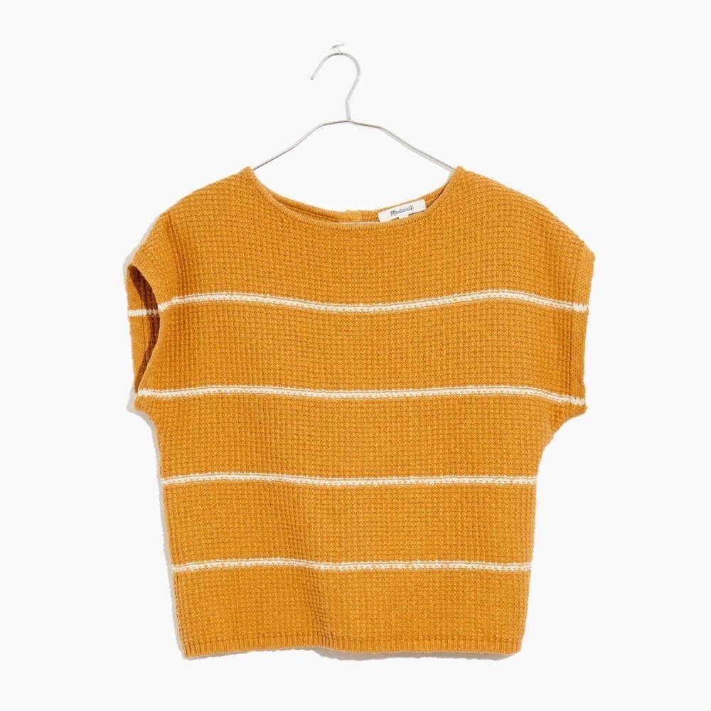 Madewell Mustard striped Boatneck Button Back 100% cotton sweater top size small